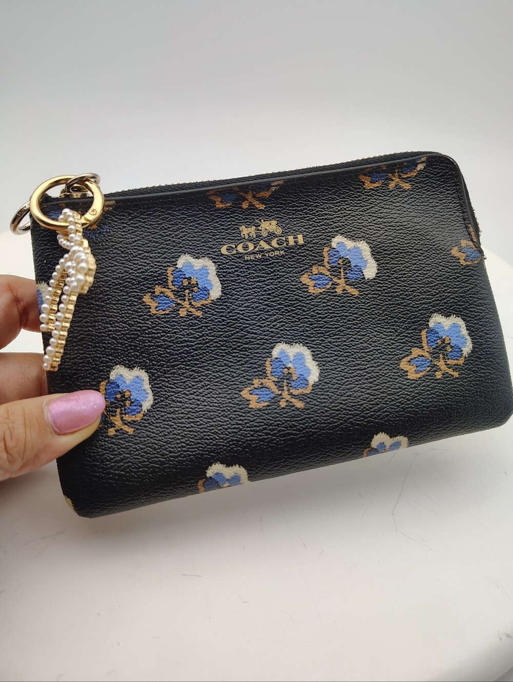 Coach Black Floral Zip Pouch with Blue and Cream Accents